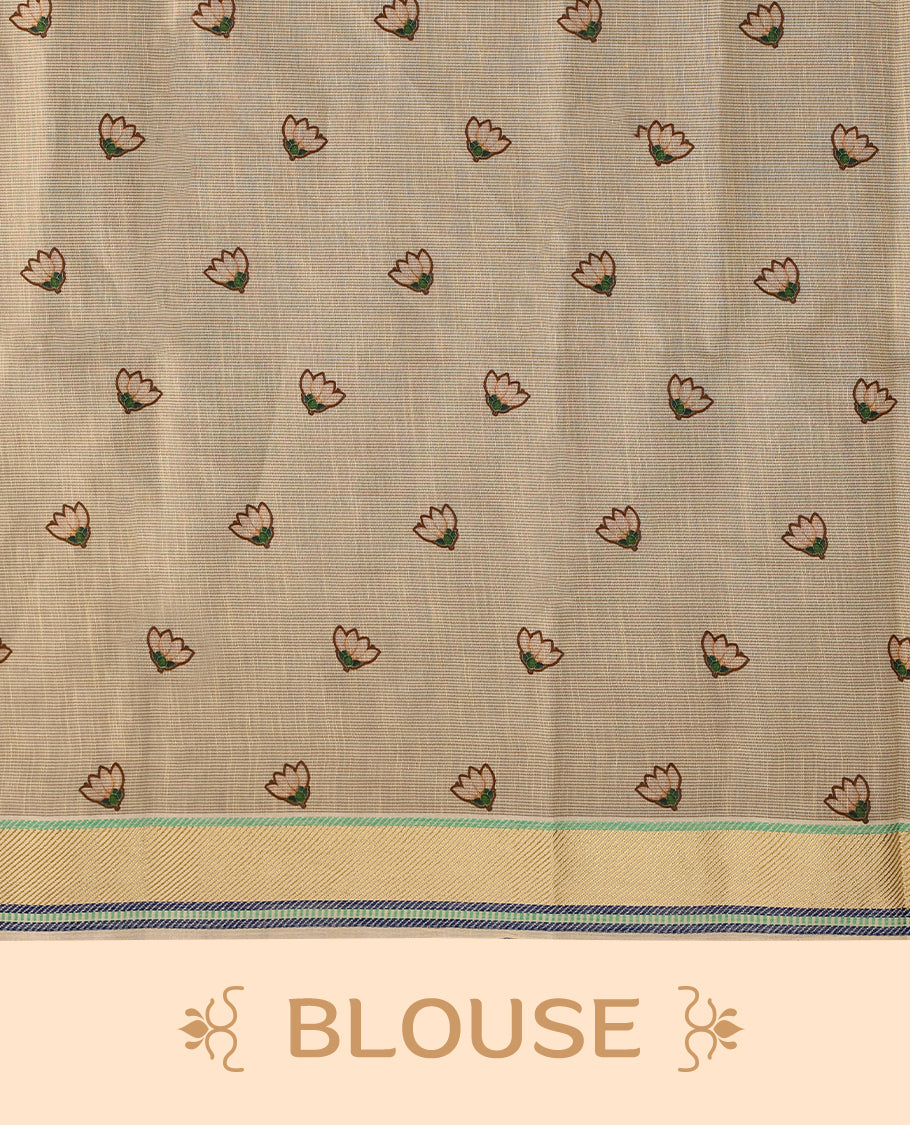 Beige and Brown Colour lightweight khadi cotton saree with earthy-coloured digital floral prints on the Body and pallu, paired with a matching blouse.