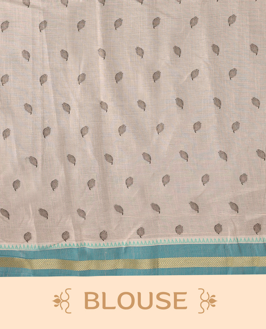 Off-white Colour lightweight khadi cotton saree featuring earthy-coloured digital floral kodi prints on the body and pallu, accented with a Blue border paired with a matching blouse.