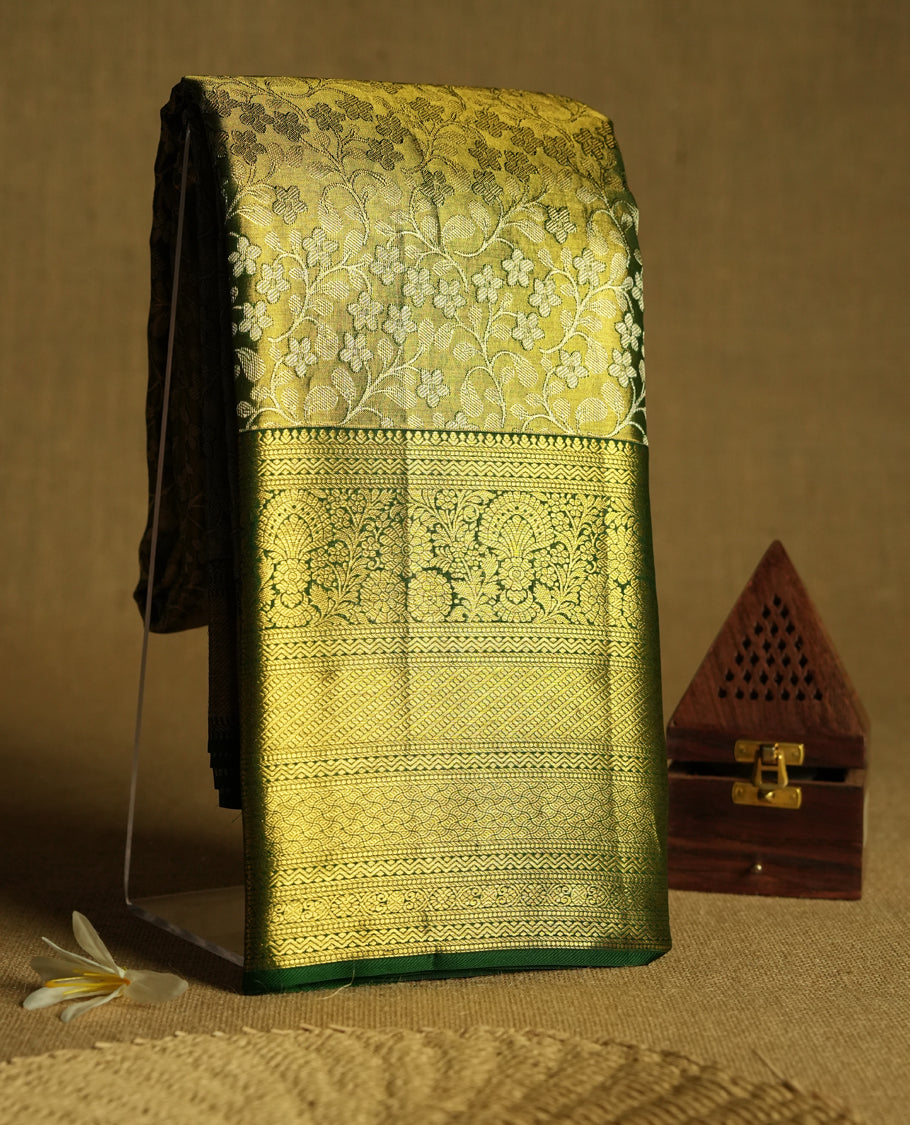 Green Colour Pure Tissue Wedding Saree having Zari Jaal Body with Dark Green Brocade Border and Blouse