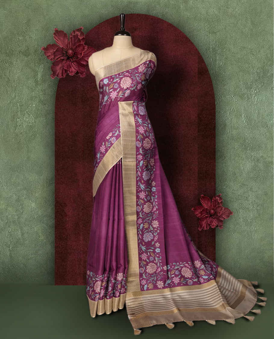 Onion pink colour Semi Tussar Silk saree with vibrant digital floral printed body and elegant Kandha work border & Paired with a matching blouse, it beautifully blends traditional craftsmanship with modern charm.