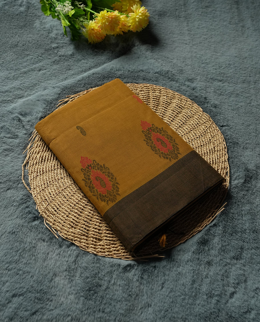 Orange Silk Cotton Saree with Plain Body and Zari Striped Golden Border on Black and Zari Striped Pallu, Paired with Matching Blouse Piece