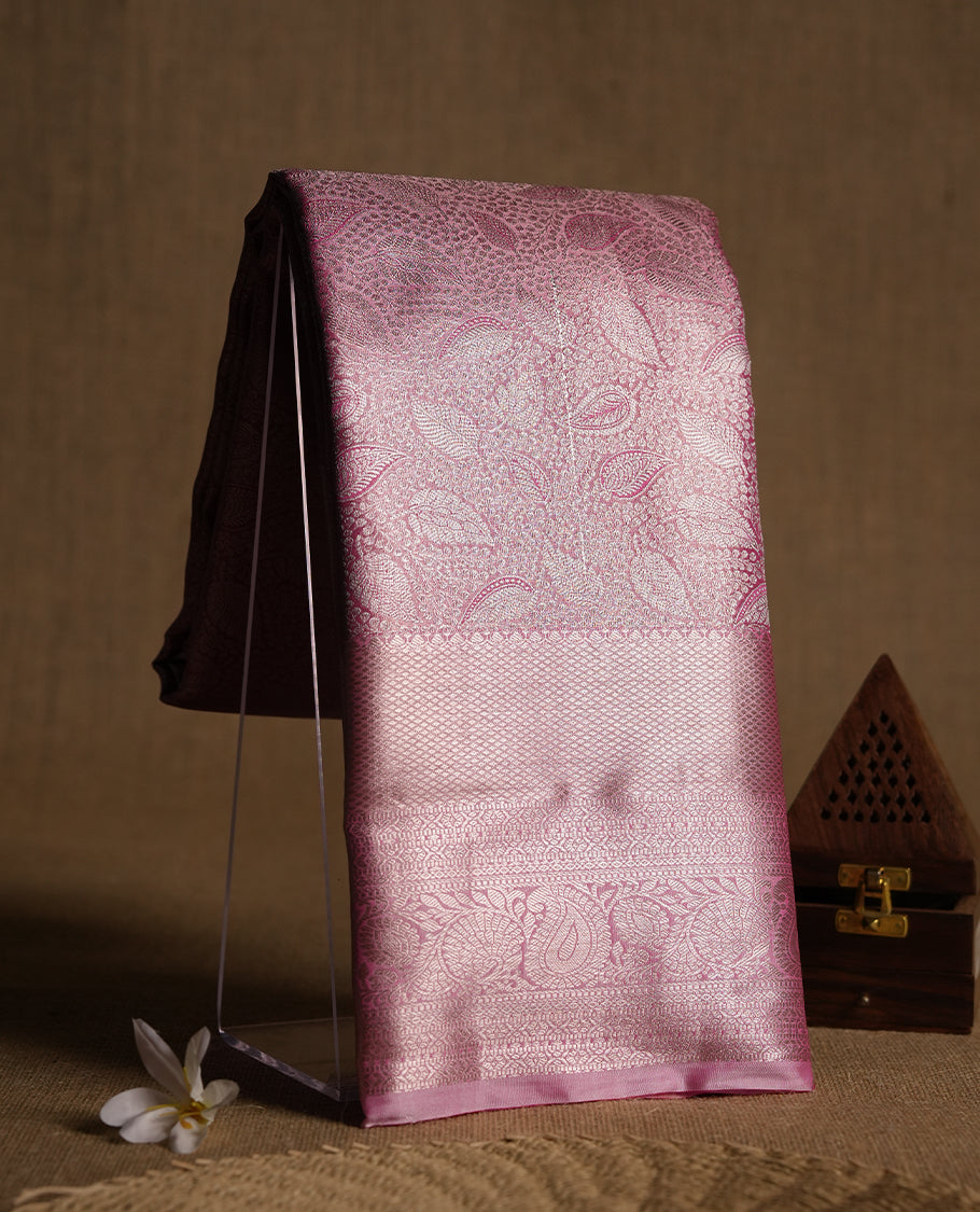 Light pink colour and gold Zari Tissue Brocade Saree features intricate Leaf Motifs on body and self coloured border & pallu, paired with matching blouse