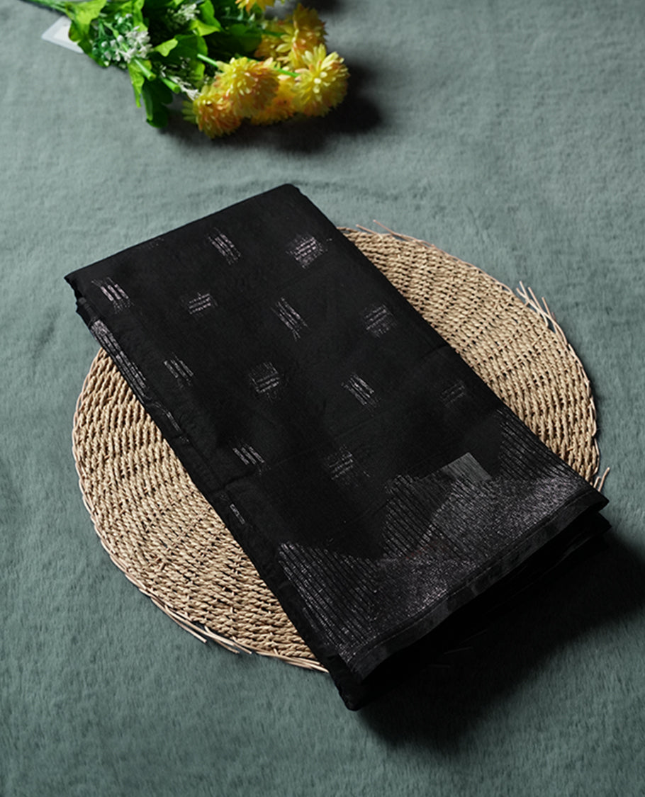 Black Silk Cotton Saree with Silver Butta Body and Ornamental Leaf Motif, Featuring Decorative Scalloped Silver Zari Border on Grand Pallu, Paired with Matching Plain Black Blouse Piece
