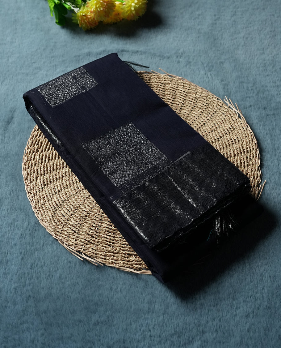 Black Silk Cotton Saree with Silver Rectangular/Square Butta Body, Featuring Silver Zari Chevron Patterned Border on Grand Pallu, Paired with Matching Gray/Silver Plain Blouse Piece