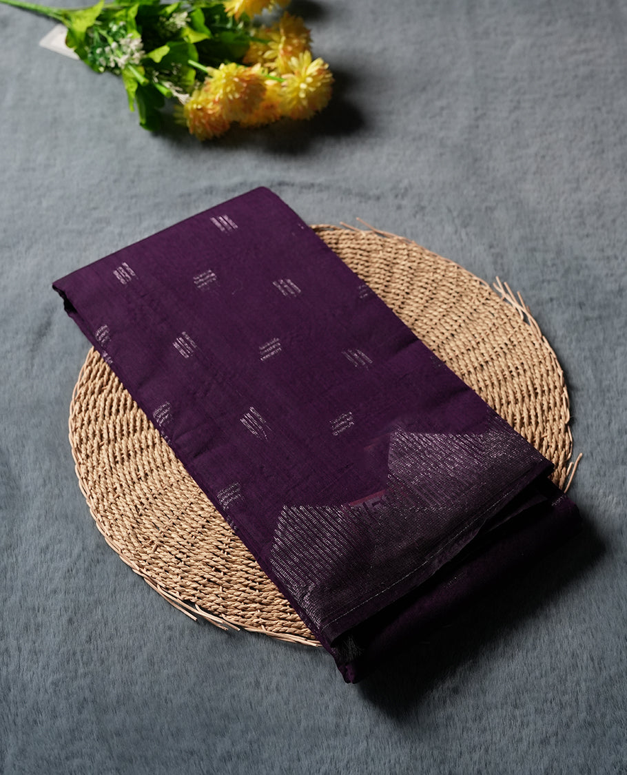 Deep Purple Silk Cotton Saree with Silver Butta Body, Accented by Silver Zari Ornamental Border on Grand Pallu, Paired with Matching Blouse Piece