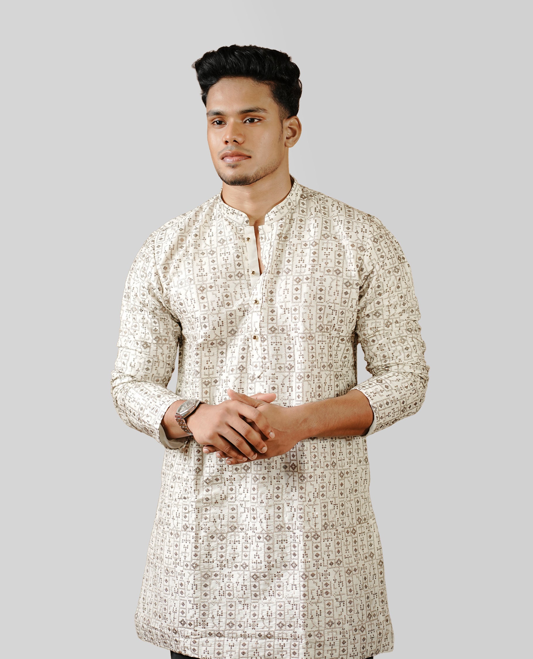 Off white colour men's kurta featuring elegant thread and sequins work on the body, complemented by full sleeves for a refined and festive look.