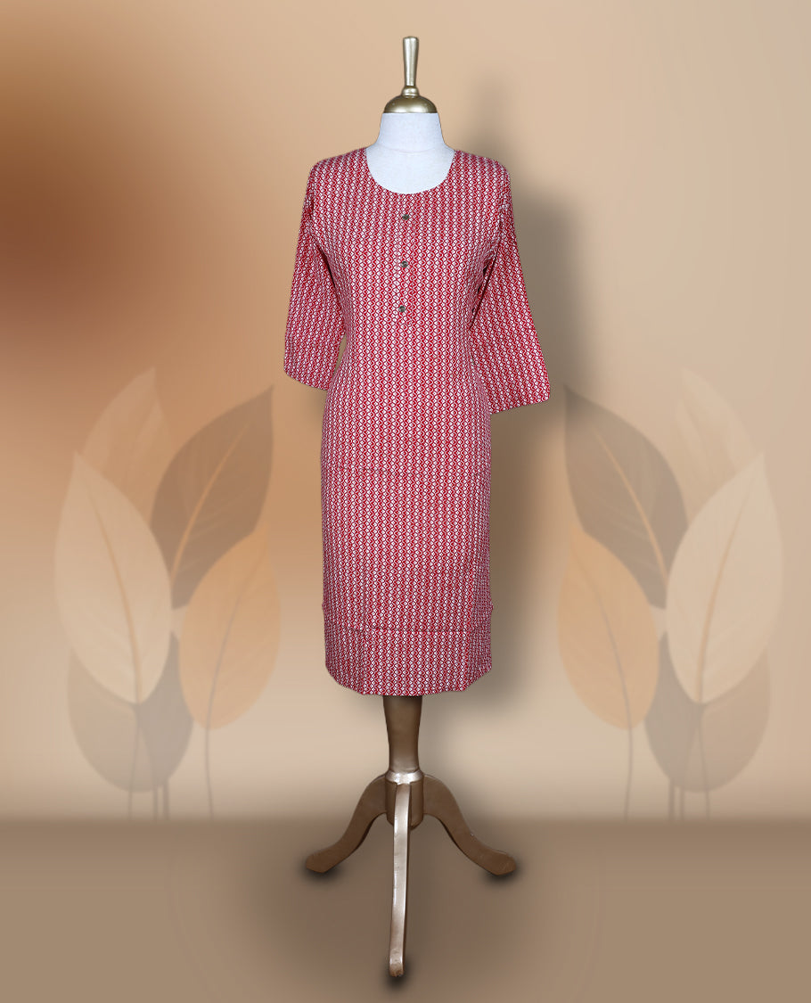 Maroon colour kurti featuring a round neckline with button detailing, 3/4th sleeves, and an all over geometric print in red and beige, designed in a straight cut silhouette for a simple and elegant everyday look.
