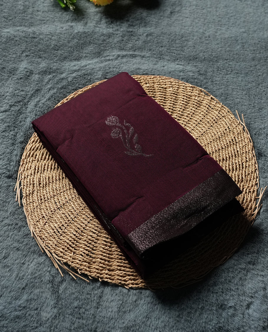 Dark Purple Colour Silk Cotton Saree with Dark Silver Floral Butta Body, Contrasting Dark Silver Zari Pallu & Border, Floral Vine Motifs, and Matching Plain Woven Blouse Piece