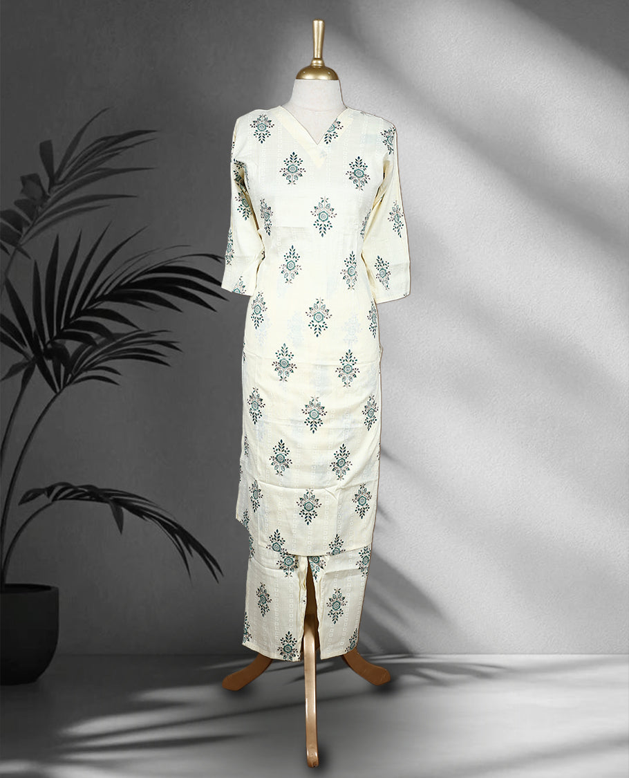 Off white colour Cord set with dark green and violet floral block print, featuring a V neck top with a straight cut silhouette and side slits, paired with matching straight fit pants.