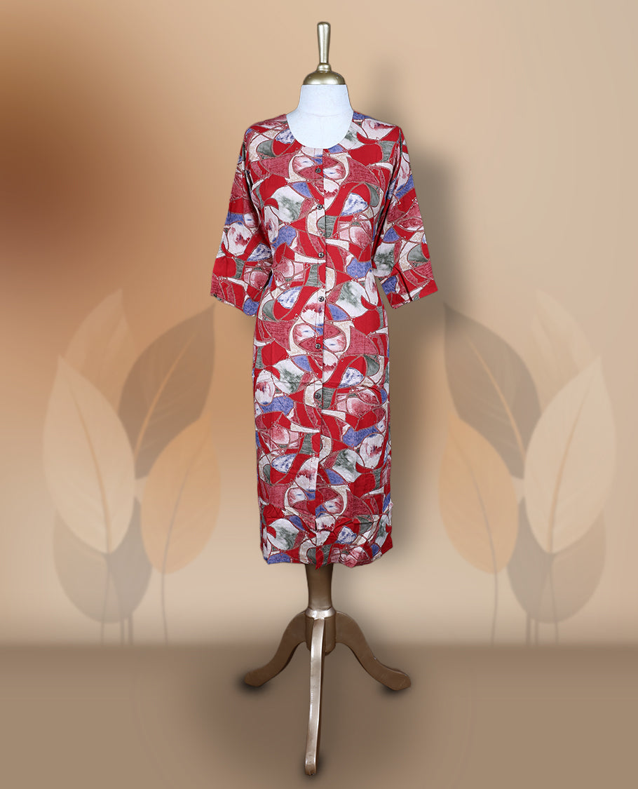 Red colour kurti featuring a round neckline with button detailing, 3/4th sleeves, and an all over floral print in blue and beige, designed in a straight cut silhouette for a simple and elegant everyday look.