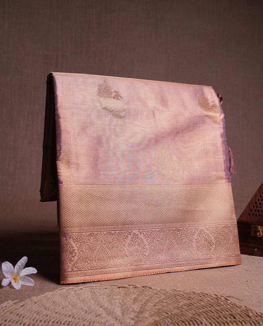 Lavender & Gold double shade colour tissue banaras silk saree featuring antique gold zari motifs on the body with rich traditional zari border and pallu, paired with a matching blouse piece.