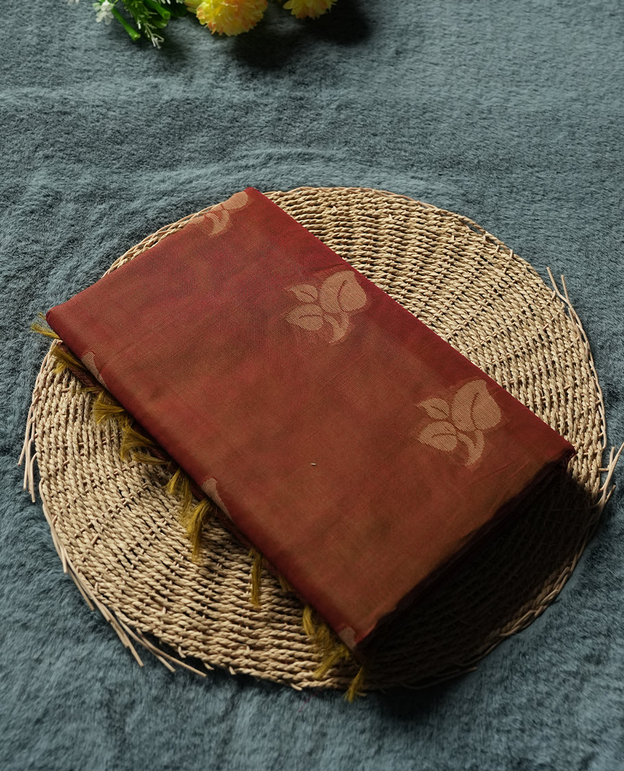 Orange Colour Silk Cotton Saree with Cream Leaf Butta Body, Contrasting Cream Zari Pallu & Border, Floral Motifs, and Matching Woven Blouse Piece