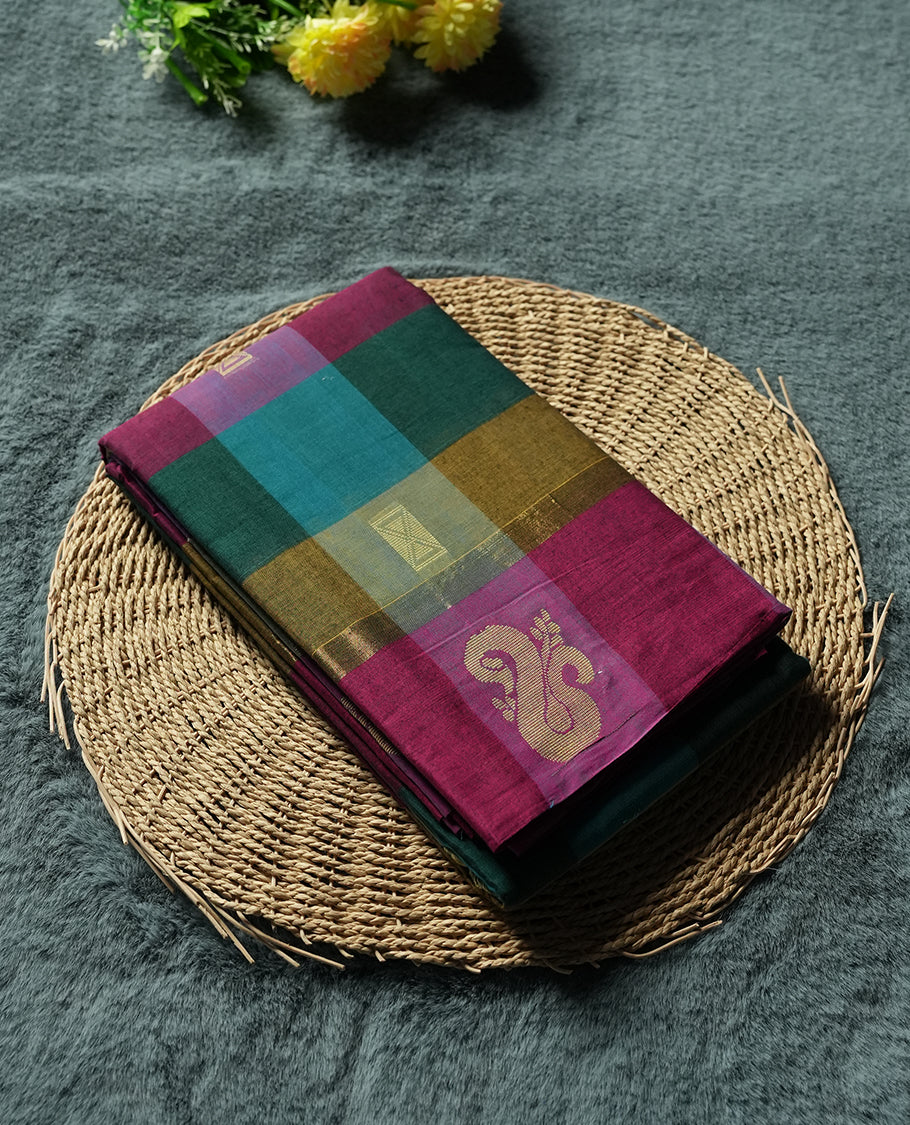 Multi-Colour Checkered Silk Cotton Saree with Golden Zari Butta Body, Contrast Golden Zari Pallu & Border, Floral and Peacock Motifs, and Matching Striped Blouse Piece