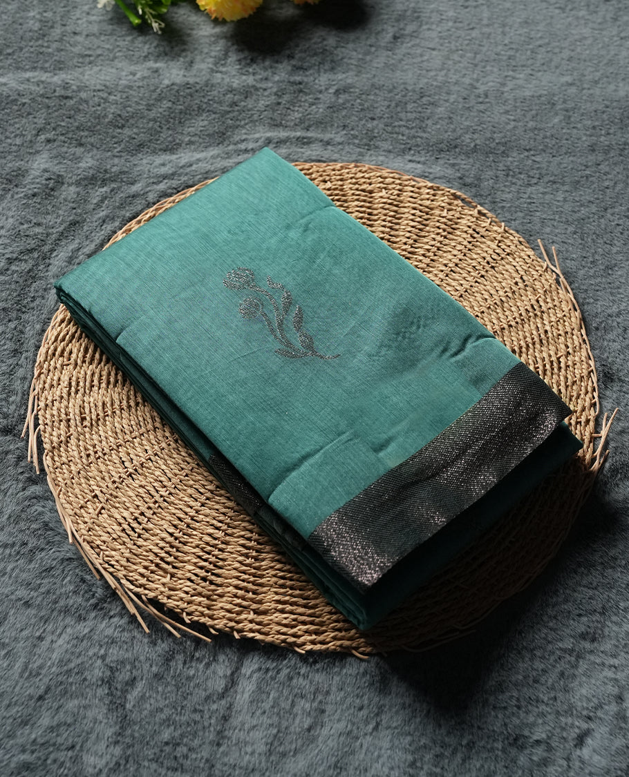Dark Teal Green Colour Silk Cotton Saree with Dark Silver Floral Butta Body, Contrasting Dark Silver Zari Pallu & Border, Floral Vine Motifs, and Matching Plain Woven Blouse Piece