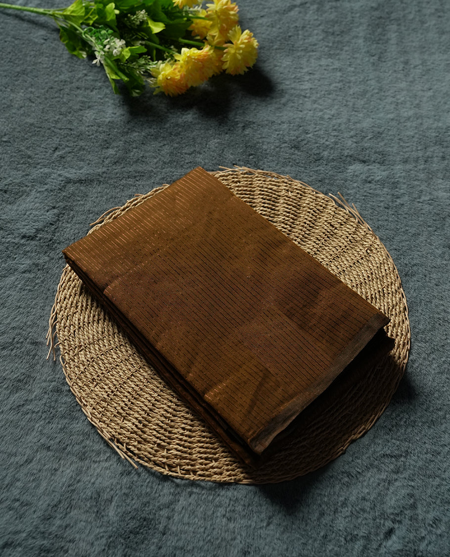 Brown Silk Cotton Saree with Plain Body, Accented by Copper and Black Zari Striped Border on Black and Copper Striped Pallu, Paired with Matching Blouse Piece