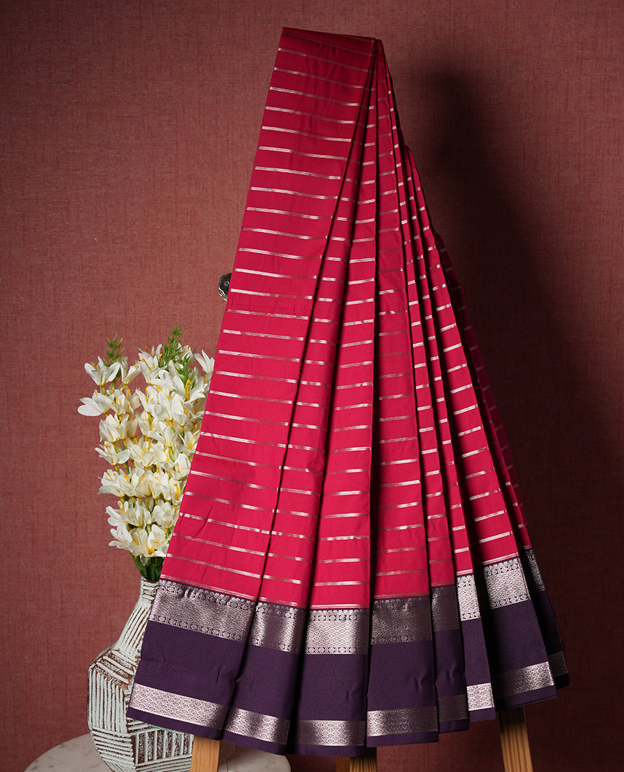 Raspberry Pink Colour Semi Silk Saree with Silver Horizontal Striped Body, Contrasting Deep Purple Silver Zari Pallu & Border, Traditional Leaf Motifs, and Matching Blouse Piece