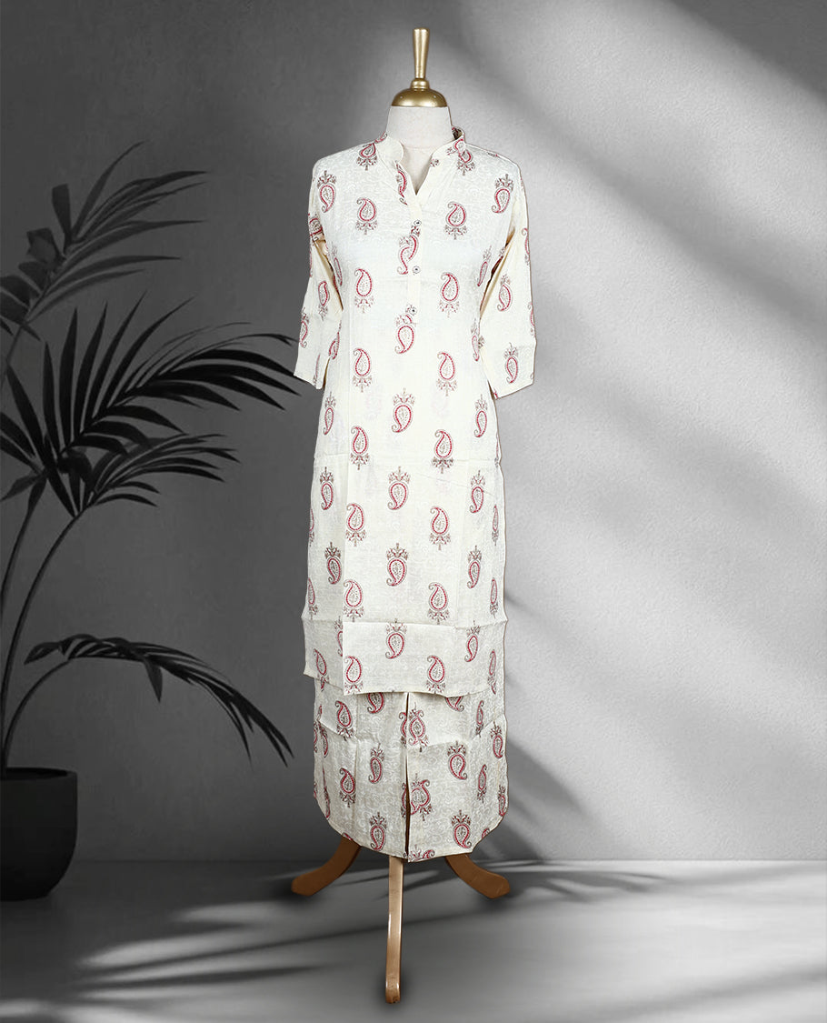 Off white colour Cord set with red and beige colour mango print on body, featuring a V neck top with a straight and side slits, paired with matching straight fit pants.