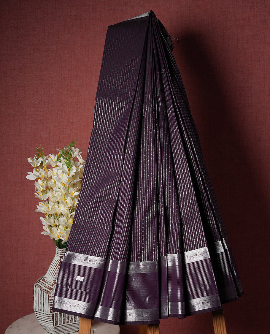 Eggplant Purple Colour Semi Silk Saree with Silver Horizontal Striped Body, Contrasting Coral Pink Silver Zari Pallu & Border, Diamond Lattice Motifs, and Matching Blouse Piece