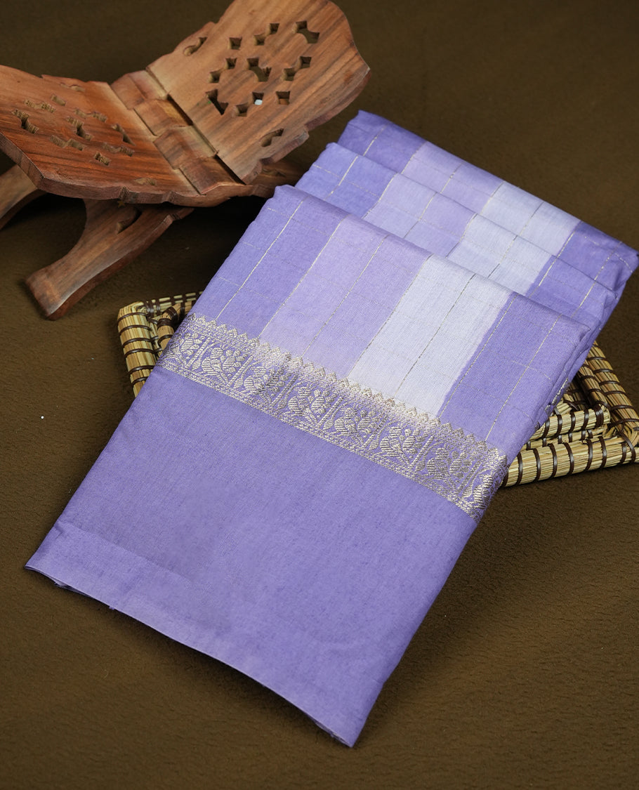 Lavender colour mixed chanderi cotton saree with checkered pattern body, silver zari border, matching pallu, and matching blouse.