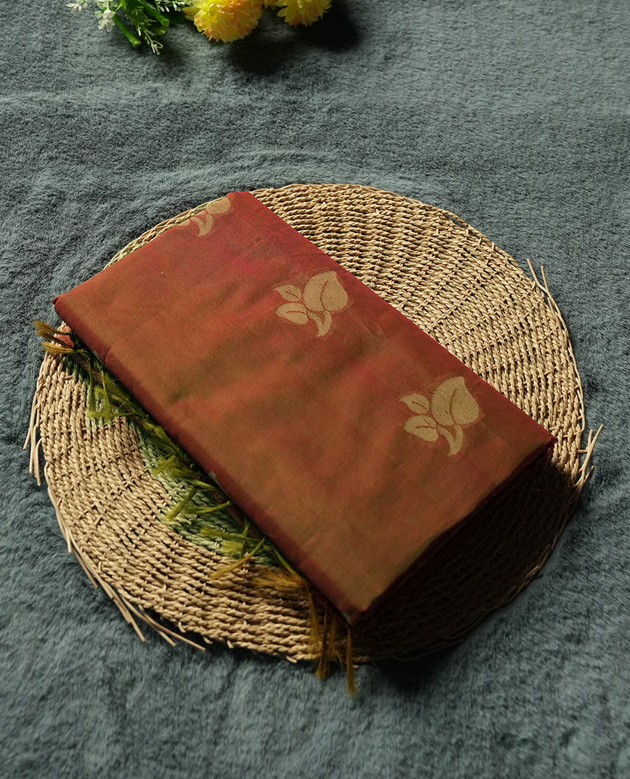 Brown Colour Silk Cotton Saree with Cream Leaf Butta Body, Contrasting Cream Zari Pallu & Border, Floral Motifs, and Matching Woven Blouse Piece