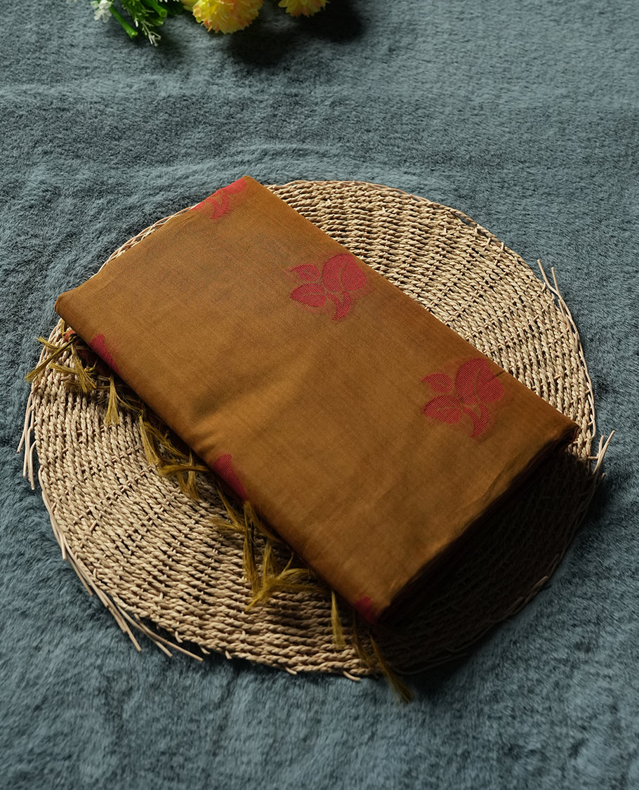 Golden orange Colour Silk Cotton Saree with Orange red Leaf Butta Body, Contrasting Orange red Zari Pallu & Border, Floral Motifs, and Matching Woven Blouse Piece