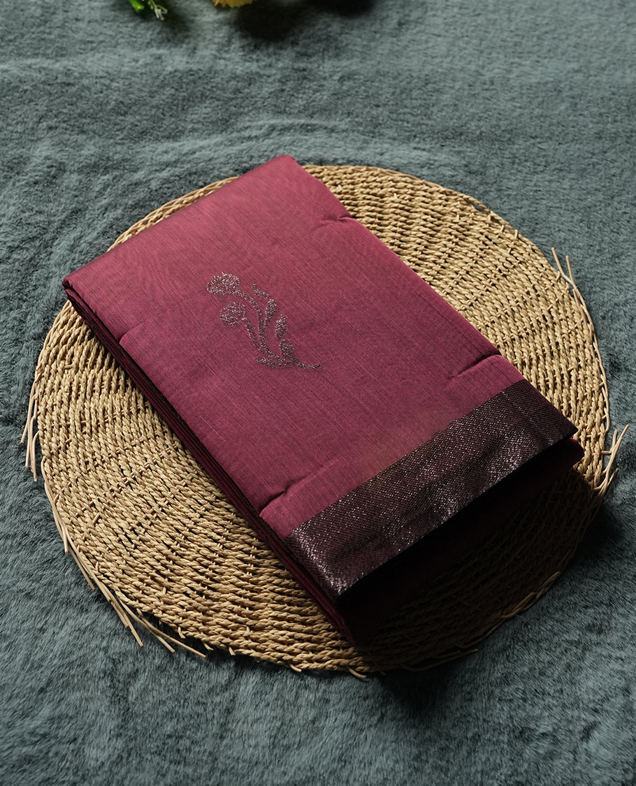 Wine Purple Colour Silk Cotton Saree with Dark Silver Floral Butta Body, Contrasting Charcoal Gray Silver Zari Pallu & Border, Floral Vine Motifs, and Matching Gray Woven Blouse Piece