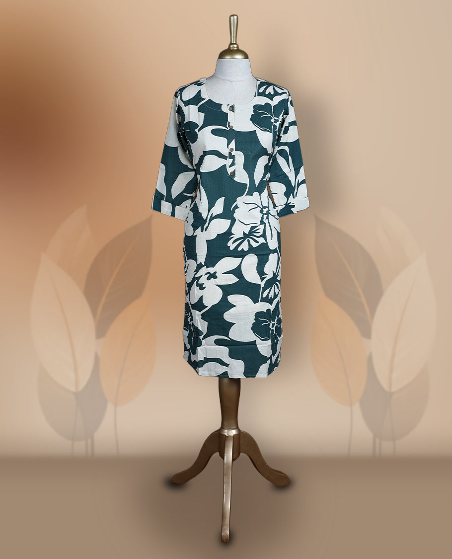 Dark green and white kurthi featuring bold floral prints and a buttoned neckline & Designed with 3/4th sleeves and a straight fit, perfect for everyday comfort with a touch of modern style.