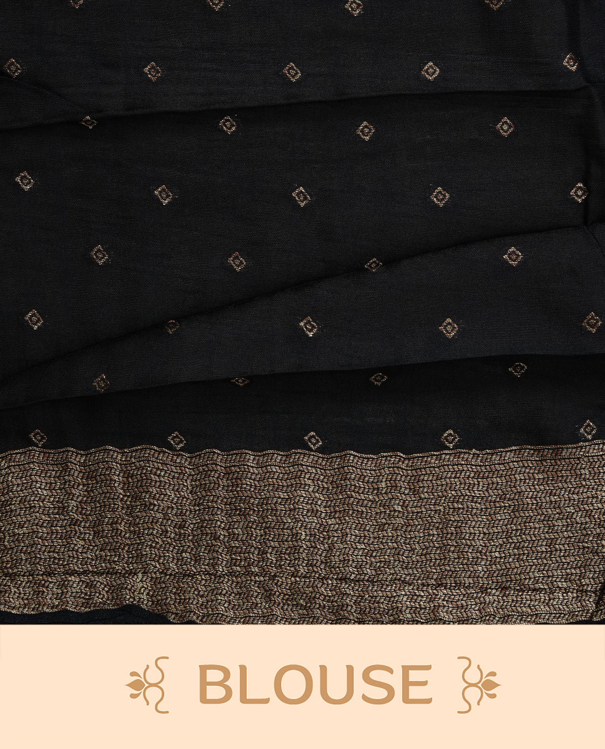 Black colour semi banaras tussar georgette saree featuring gold zari pattern on body, finished with gold zari temple border and paired with matching blouse piece.