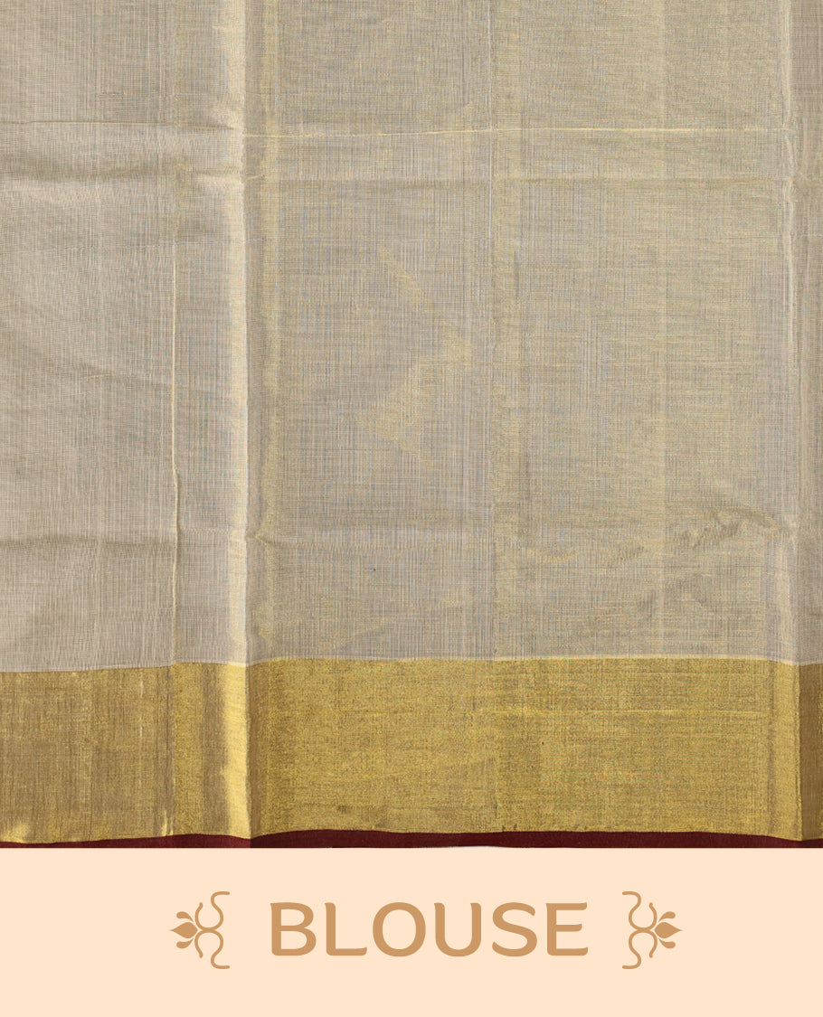 Elegant handloom soft tissue kerala saree. Featuring a cream base with gold zari, maroon , green borders & woven motifs, and paired with a matching blouse, perfect for festivities