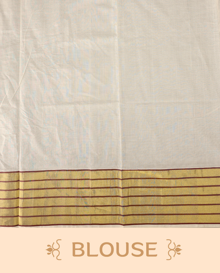 Elegant pure handloom soft tissue kerala saree adorned with small golden and brown triangle motifs, featuring a shimmering golden zari border and pallu, and paired with matching blouse, perfect for festivities.