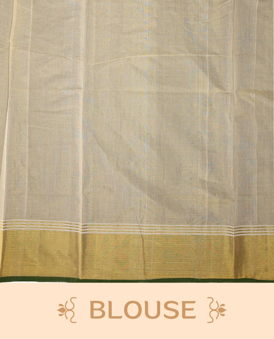 Elegant handloom soft tissue Kerala saree,Featuring a cream base with gold zari, green borders & lotus motifs, and paired with a matching blouse, perfect for festive and traditional occasions.