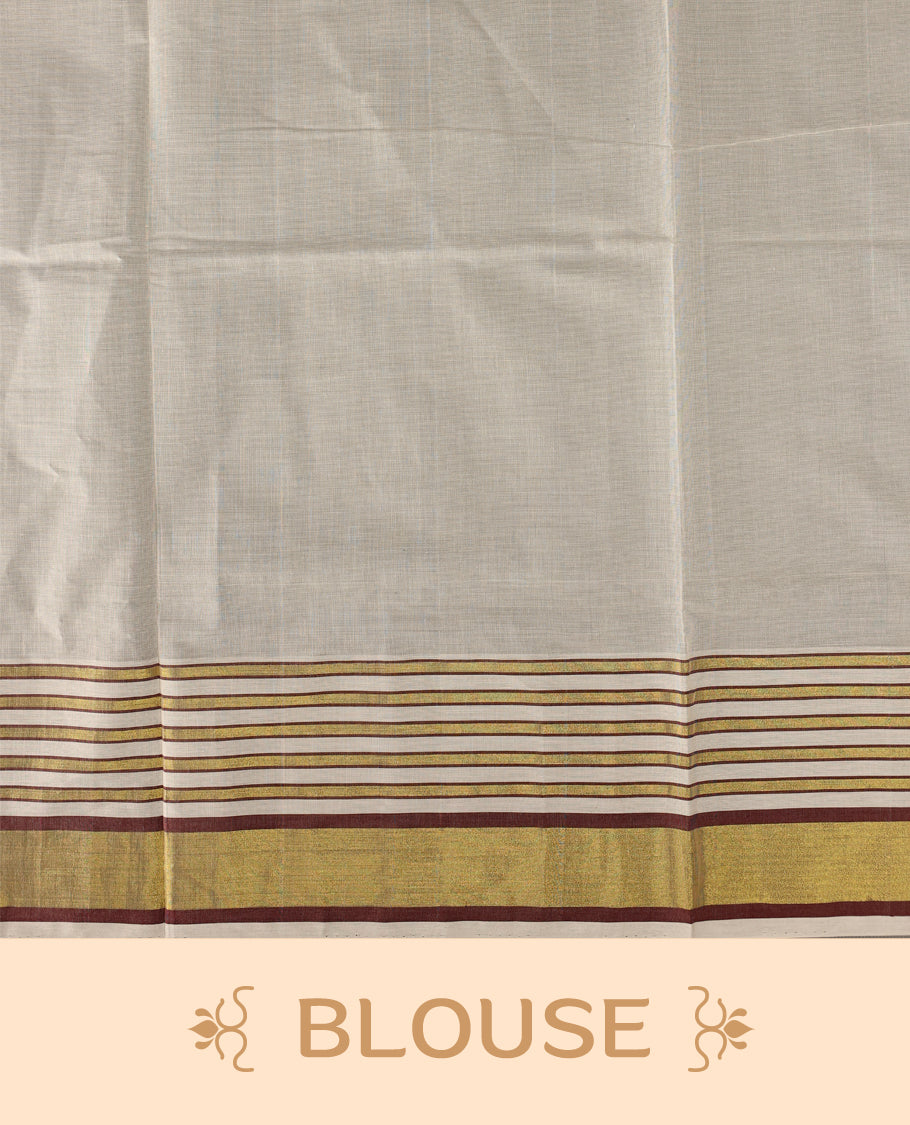 Off white colour pure handloom soft cotton kerala saree with maroon and mustard polka motifs, highlighted by a golden zari border and striped pallu in gold, maroon, and green, and paired with a matching blouse, perfect for festivities.