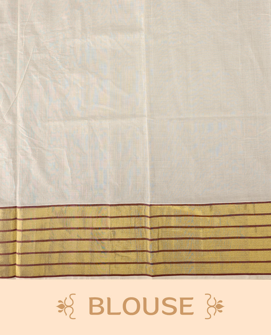 Elegant pure handloom cotton Kerala saree with a cream base, gold zari stripes, maroon & gold floral motifs. Paired with a matching blouse, it’s perfect for festive celebrations and traditional occasions.