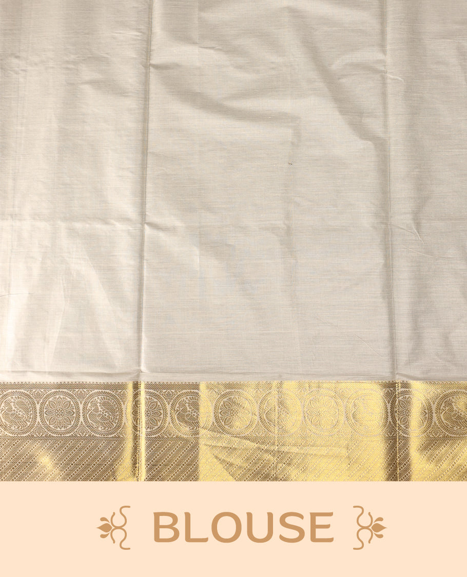 Elegant cotton Kerala saree in cream, adorned with rich gold zari work and traditional floral motifs.,The intricate pallu and broad border add elegance, Paired with a matching blouse, ideal for festive occasions.