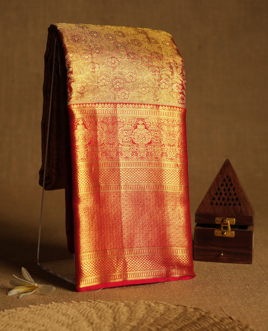 Golden Colour Pure Tissue Wedding Saree having Zari Jaal Body with Bright Red Brocade Border and Blouse
