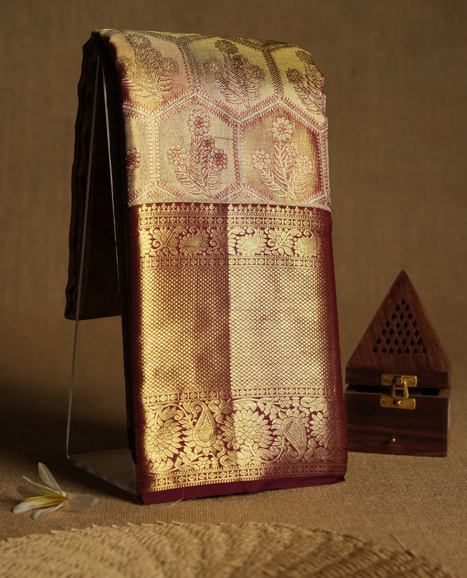 Golden Colour Pure Tissue Wedding Saree having Zari Worked Body with Dark Maroon Brocade Border and Blouse