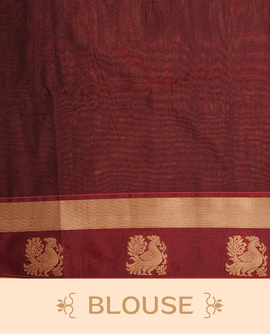 Brown colour silk cotton saree featuring copper zari Check motifs on body ,contrast maroon with copper zari motifs on border & pallu, comes with matching blouse piece