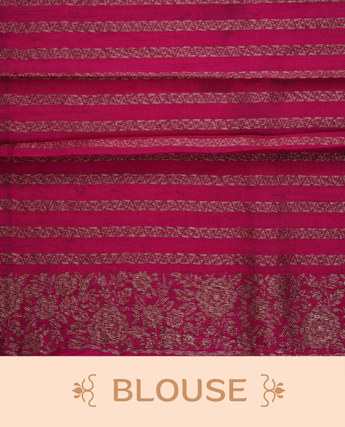 Pink colour semi banaras tussar georgette saree featuring gold zari floral pattern on body, finished with gold zari floral motifs on border and paired with matching blouse piece.