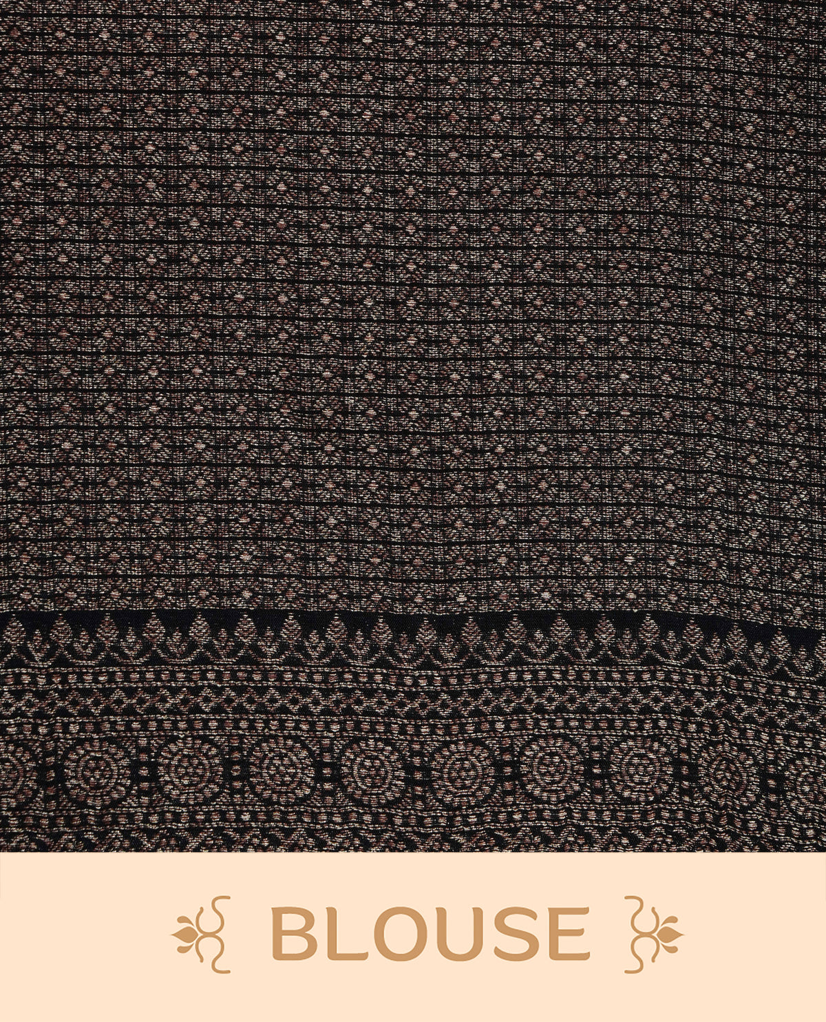 Black colour semi banaras tussar georgette saree featuring gold zari box pattern with motifs on body, finished with gold zari fancy border and paired with matching blouse piece.