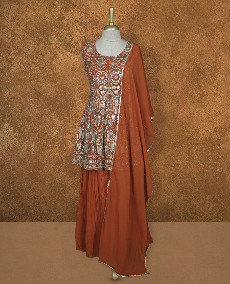 Orange colour sharara set featuring gold colour thread and beats embroidered neckline, body, sleeves, , Paired with a matching dupatta