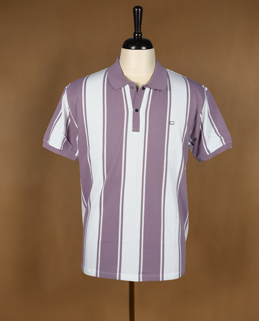 Mauvo and white striped men’s polo T shirt featuring a classic collar with button placket, short sleeves, and a regular fit crafted from soft, breathable fabric for everyday comfort and style