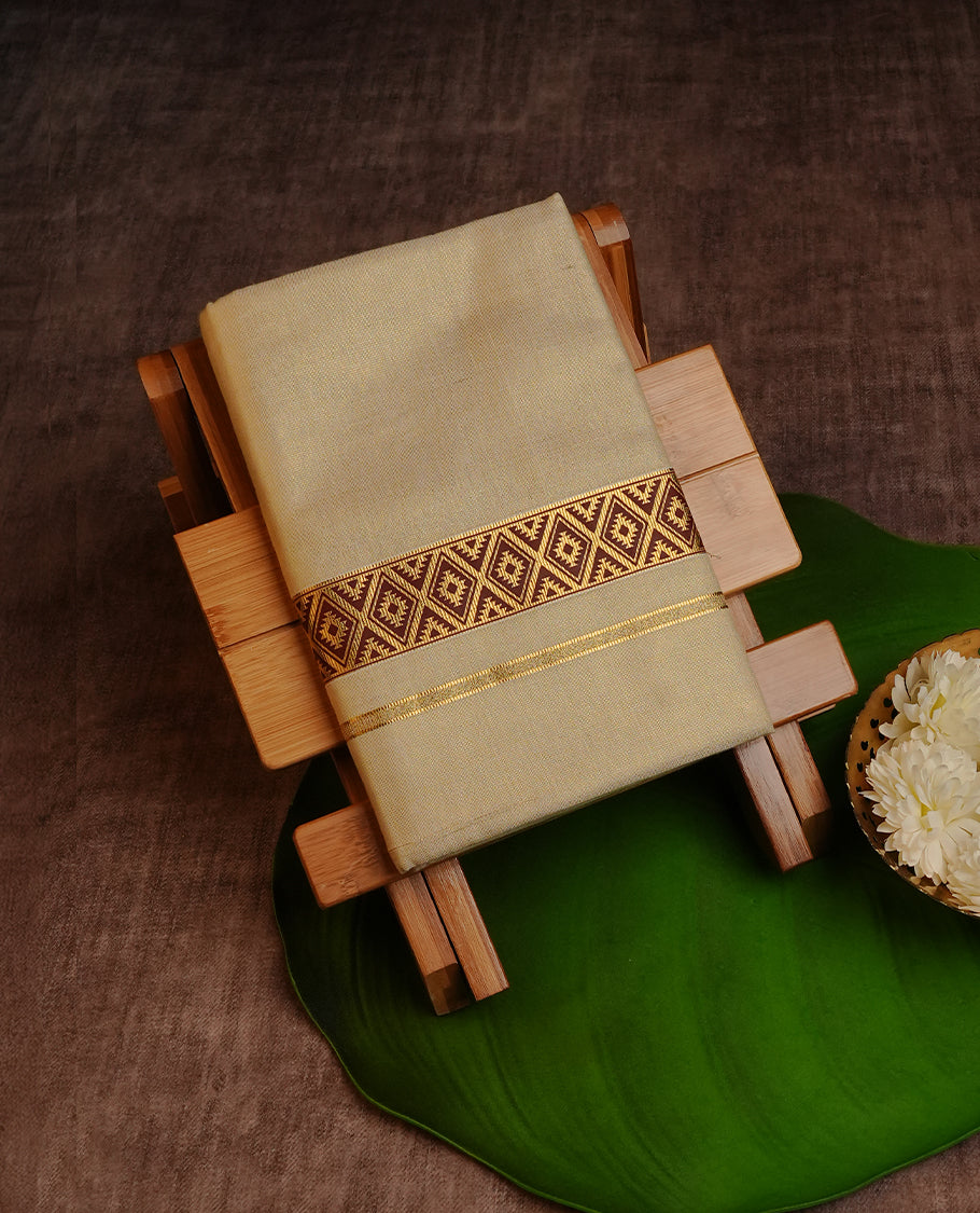 Cream Colour Tissue Double Dhoti Finished With A Classic Golden Zari Kara with Maroon colour digital print