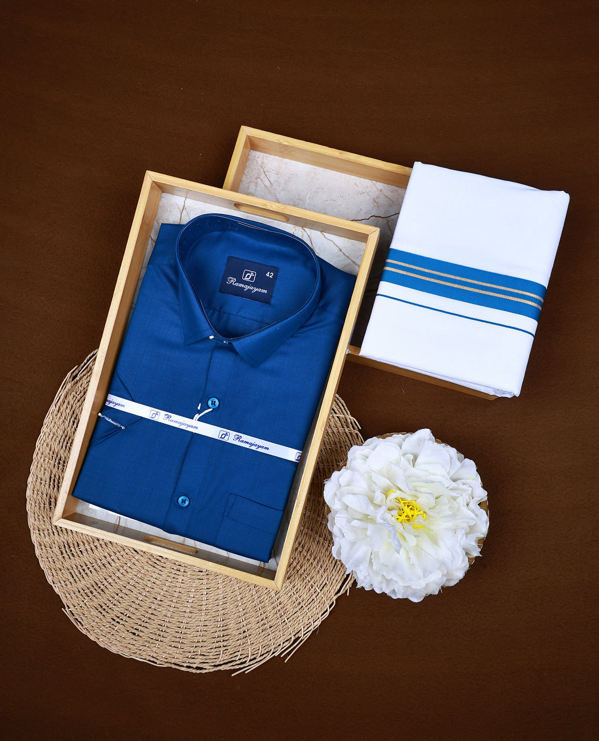 Royal Blue colour RAMAJAYAM shirt paired with a matching dhoti, finishing with a Blue & Gold kara