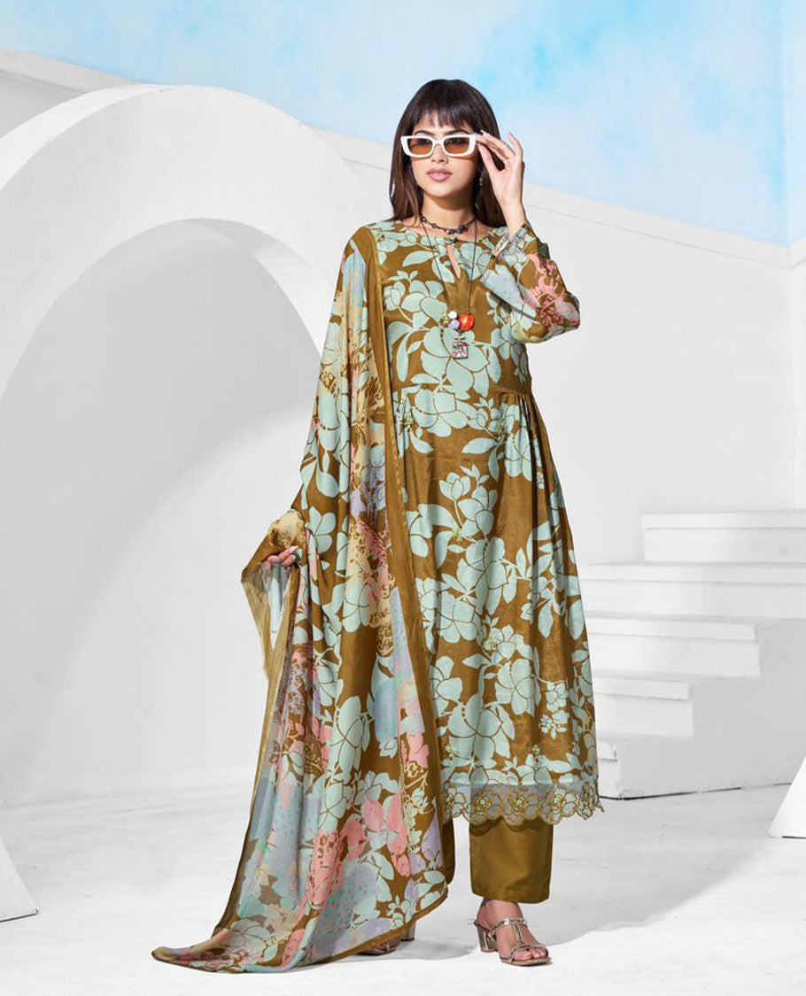 Olive green colour pure muslin suit set featuring aqua blue digital floral printed top featuring sequin butti embroidery and a scalloped floral embroidered border, paired with a dyed pure viscose muslin bottom and a digital printed dupatta.