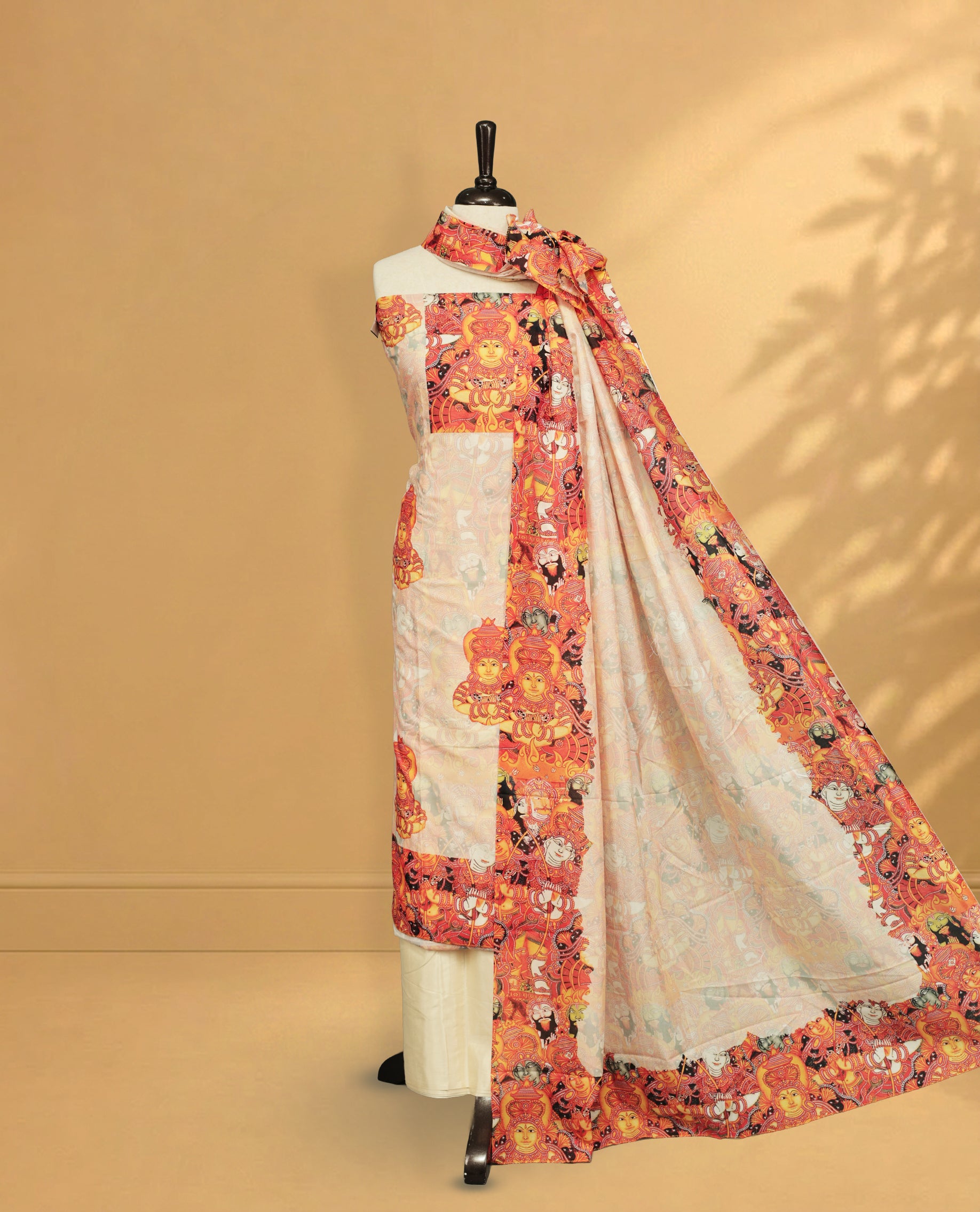 Cream colour salwar material Featuring Indian Art forms Print on body, paired with matching bottom & Elegant Dupatta.