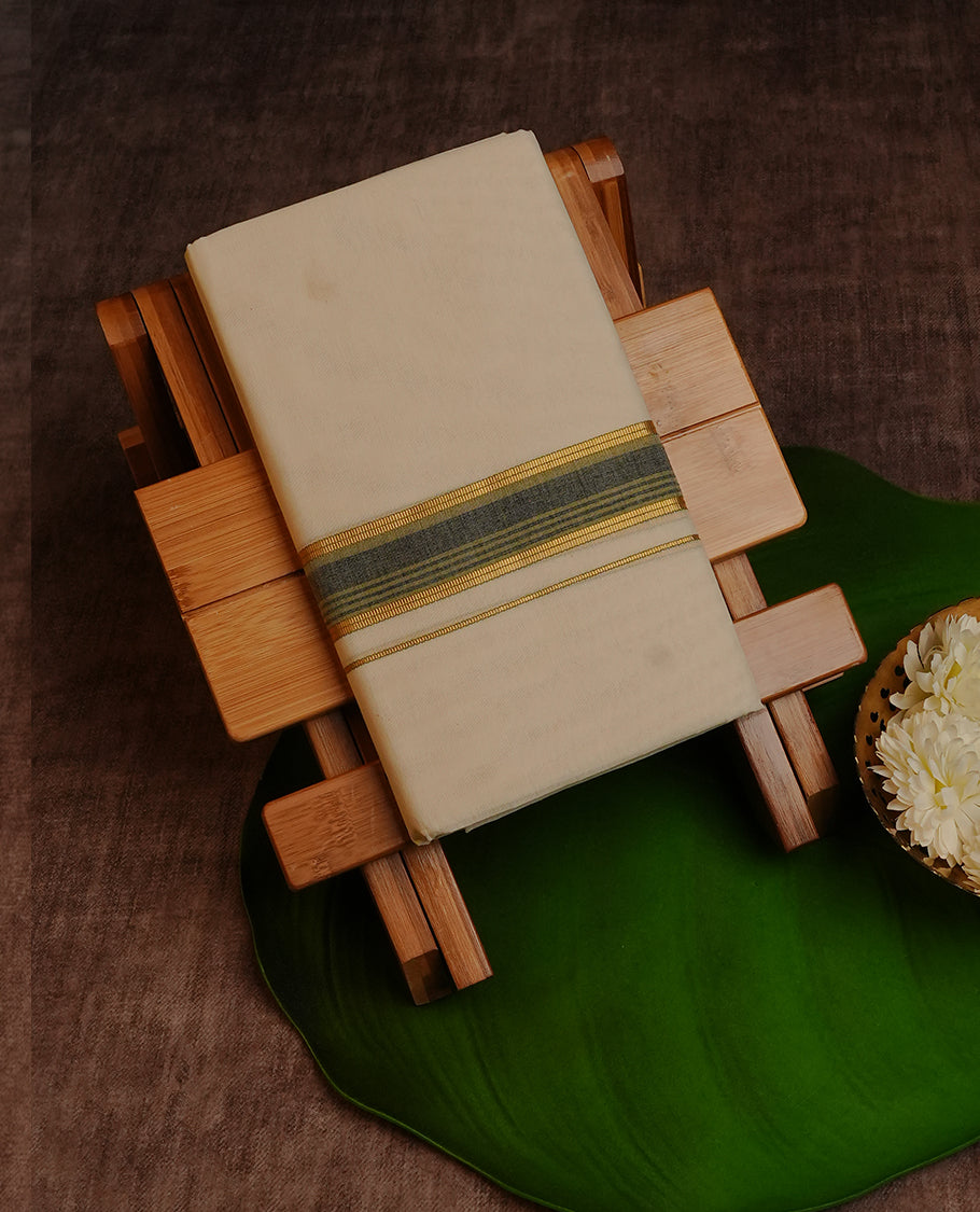 Cream Colour Cotton Double Dhoti Finished With A Classic Body ,Featuring Olive & Gold Kara