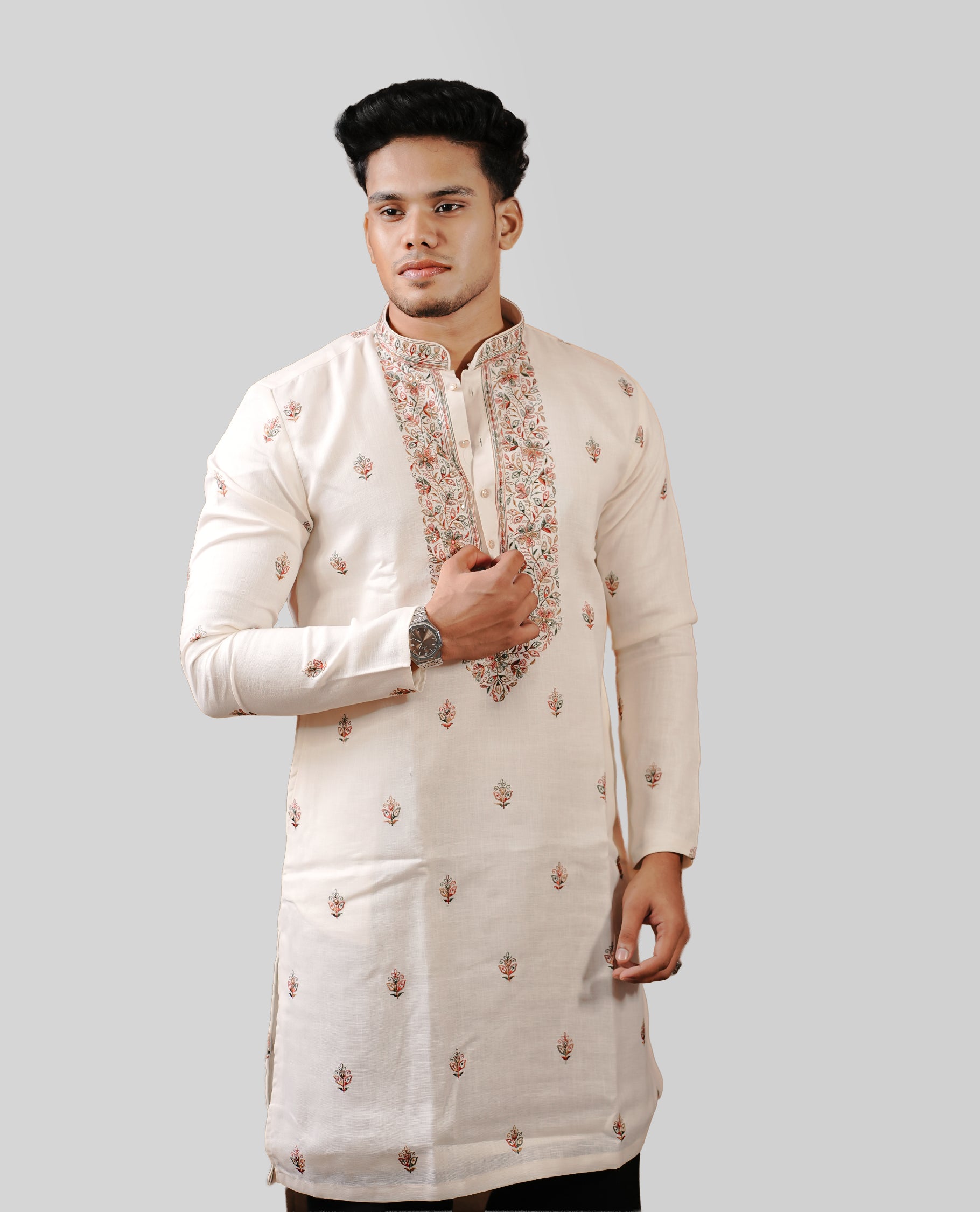 Beige colour men's kurta featuring elegant Multicolour thread and sequins work on the body, complemented by full sleeves for a refined and festive look.