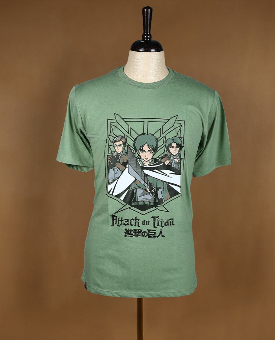 Pastel Green colour men's T shirt featuring bold anime character print with Japanese text, made from soft fabric with half sleeves and a crew neck for a stylish and comfortable fit