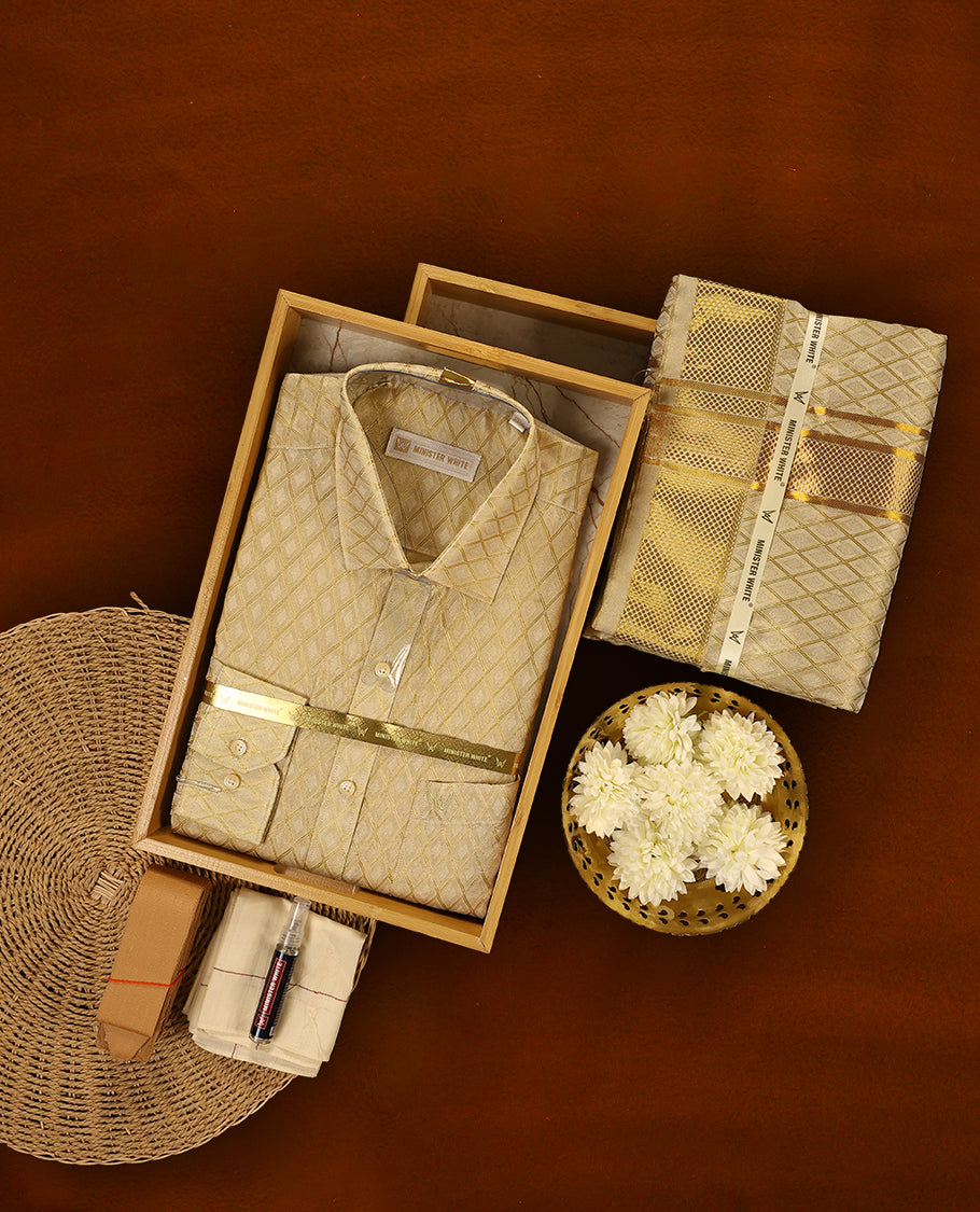 Fawn gold colour MINISTER WHITE jacquard silk shirt featuring an elegant diamond weave pattern, paired with a matching golden zari bordered dhoti, creating a rich and festive traditional ensemble.