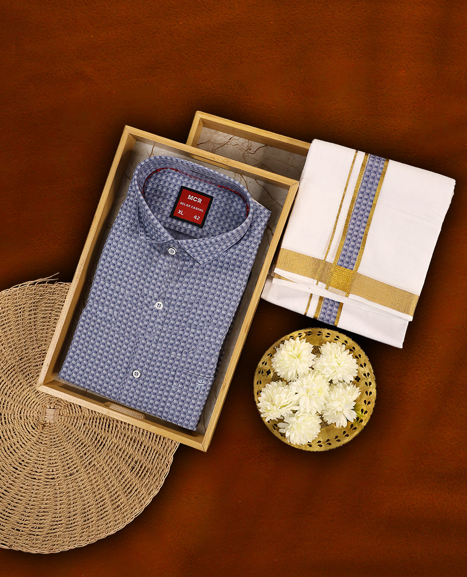 Steel blue colour MCR full sleeve shirt featuring textured self woven patterns, paired with a white dhoti accentuated by a golden zari kara and a matching steel blue patterned border.